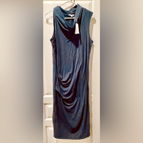 NWT Standard James Perse Cowl Neck Tuck Sleeveless Midi Dress in Midnight Green - Picture 2 of 11